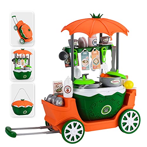 Juego de cocina para niños, 47 piezas de carrito de alimentos, juguetes de juego de simulación, 4 en 1 con ruedas para niños, juguete portátil, juguete edutacional para niñas y niños Cover