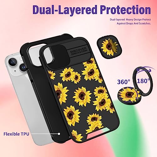Image of Funermei (2in1 for iPhone 13 Case /for iPhone 14 Case for Women Sunflower Cute Girls Phone Cover Floral Flowers Girly Pretty Sun Flower Design with Camera Cover Funda for Apple for iPhone 13 /14 Case