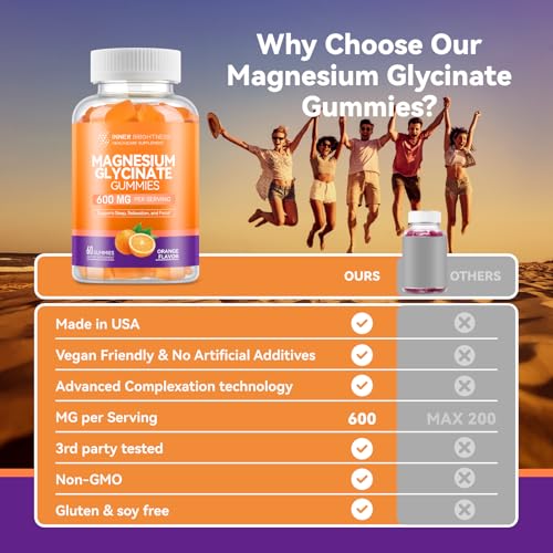 Image of Magnesium Glycinate Gummies 600mg, Non-GMO, Gluten-Free, Magnesium Gummies for Adults & Kids, Sleep, Relaxation & Focus, Orange Flavor, 60 Count