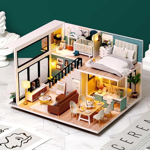 Image of TuKIIE DIY Miniature Dollhouse Kit with Furniture, 1:24 Scale Creative Room Mini Wooden Doll House Accessories Plus Dust Proof & Music Movement for Kids Teens Adults(Comfortable Life)