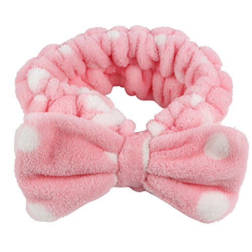 Wowlife Design New Top Sweet Lovely Coral Fleece White Dot Bow Headband Fashion Cute Bowknot Bow Makeup Cosmetic Shower Elastic Hair Band Hairlace Headband (Pink)