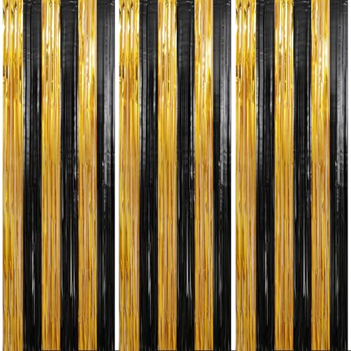 Image of Crosize 3 Pack 3.3 x 9.9 ft Black & Gold Foil Fringe Curtains Party Decorations, Black & Gold Tinsel Curtain Backdrop for Parties, Door Streamers, Glitter Streamer Backdrop for Birthday Decoration
