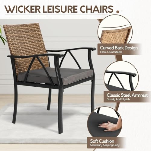 Image of 5-Piece Patio Dining Set for 4, Outdoor Dining Set with 4 Wicker Patio Dining Chairs with Cushions & 1 Black Square Woodgrain Dining Table with 1.75 inch Market Umbrella Hole, Black & Brown
