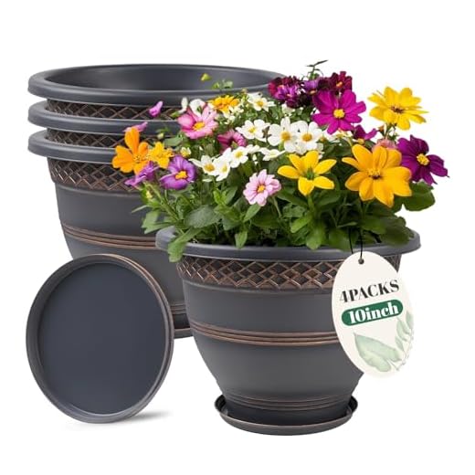 Usocik 10 Inch 4 Pack Large Plant Pots, Plastic Flower Pot for Indoor & Outdoor with Drainage Holes & Saucer, Plaid Pattern Planters Garden Pots for Herbs