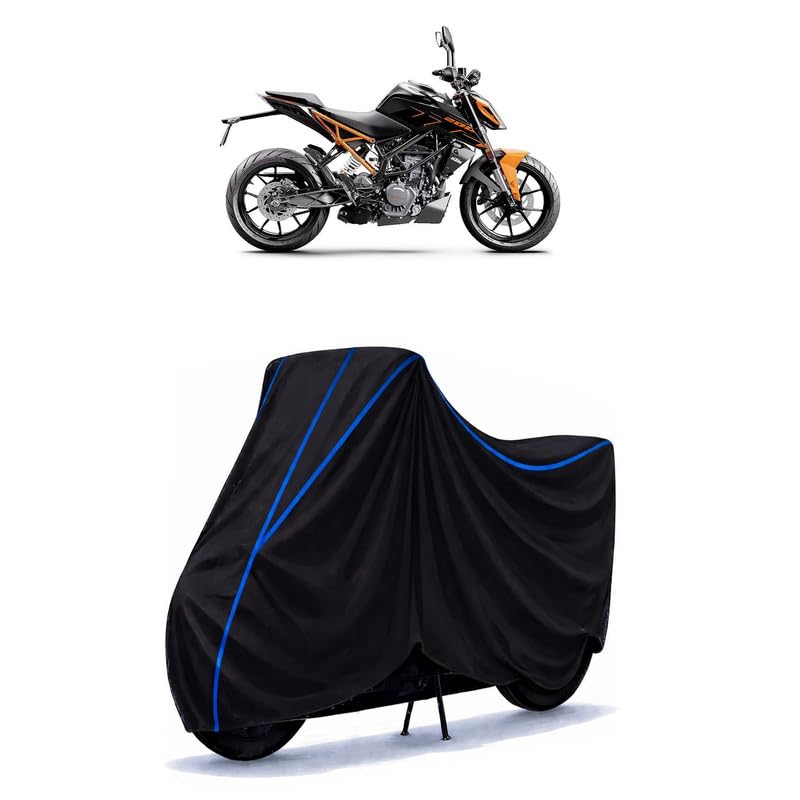Image of KTM 200 Duke Standard Bike Cover Water Resistant Universal Motorcycle Rain | Heavy Duty UV Protection, Dust, Scratch Indoor Outdoor All Weather with Black Blue Piping Elastic