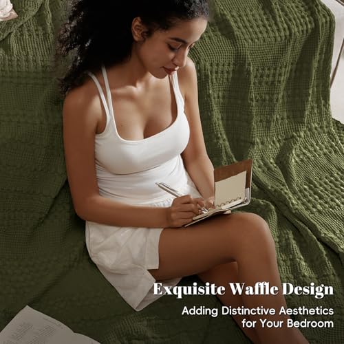 Image of PHF 100% Cotton Waffle Blanket Queen Size for Bed, Lightweight Breathable and Soft for Summer, Luxury Aesthetic Waffle Weave Blanket for Home Decor & Gifts for Women, 90 inchx90 inch, Capulet Olive
