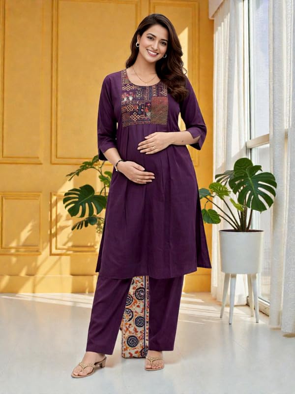 Image of RITIJYA Pure Cotton Feeding Kurta Pant Set for Women | Floral Anarkali Pregnancy Dress with Concealed Nursing Zipper Side Pocket | Pre & Post Partum | Maternity Dresses | Baby Shower Outfit