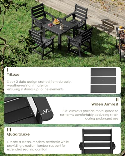 Image of GREENVINES 5-piece Patio Dining Set, HDPE Square Table & 4 Chairs, Black