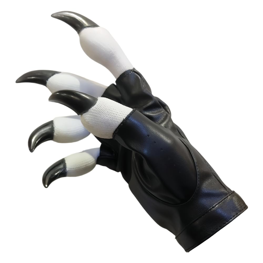 PU Leather Furry Claw Gloves, Kig Fursuit Paw Gloves, Realistic Beast Claw Mittens for Cosplay Halloween Costume Accessories (black+white)