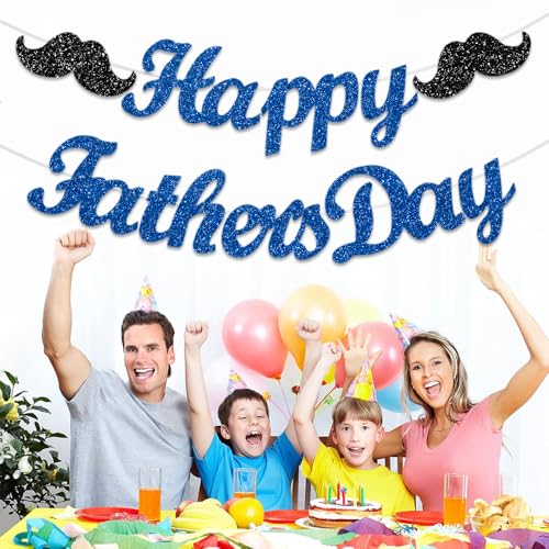 FHGG Happy Father's Day Banner Decorations Glittery Blue Cake Topper Fathers Party Dad's Papa's Garland for Father's Day Supplies Home Celebrate - Image 6