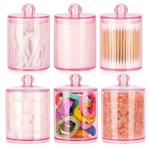 Image of Tbestmax 6 Pack Qtip Holder - 12 oz, 10 oz Bathroom Organizer and Storage Containers, Plastic Apothecary Jars with Lids for Cotton Ball, Cotton Swab, Floss, Pink
