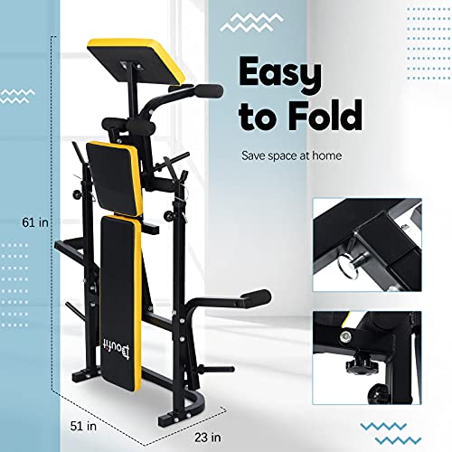 Adjustable Weight Bench with Squat Rack, Doufit WB-04 Foldable Workout Bench with Leg Extension and Preacher Curl for Full-Body Exercise and Strength Training, Weight Lifting Bench Press for Home Gym