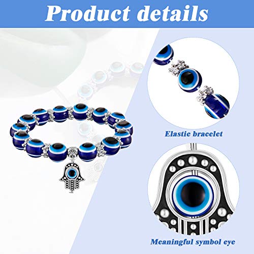Yaomiao 6 Pieces Evil Eye Bracelet Hamsa Beaded Charm Stretch Bracelet Hand of Fatima Turkish Lucky Evil Eye Bracelet for Protection and Blessing(Blue)2