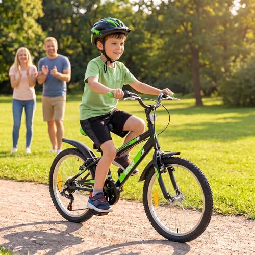 Actionbikes Motors Kinderfahrrad Arrow-20 24 Zoll-Kinder Fahrrad für Mädchen und Jungen-Von 6-12 Jahren-6 Gänge-V-Brake Bremse-Schutzblech v. h.-Fahrräder-Kinderrad (Schwarz Grün Zoll) 24 inches