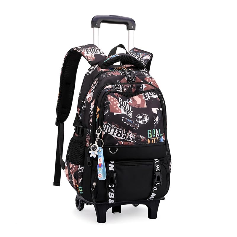 VIDOSCLA Mochila infantil com rodinhas de graffiti, mochila escolar com rodinhas, A001 # bola de futebol marrom - 2 rodas, 2 Wheels