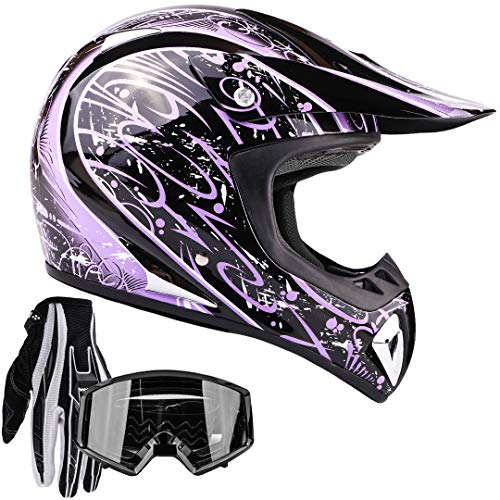 Typhoon Adult ATV Helmet Goggles Gloves Gear Combo Black Purple Splatter (XL)