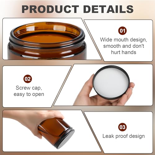 6 Pack Amber Glass Jars, 8 Oz Thick Amber Round Glass Jars, with Black Metal Lids, for Spice, Liquid, Sample, Leakproof and Dishwasher Safe3