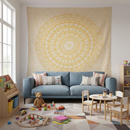 Image of Craft Trade 90x108 Inches King Psychedelic Yellow Cotton Mandala Ombre Wall Hanging Tapestry