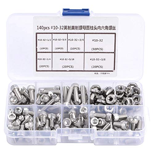 Garosa 140pcs Stainless Steel Hex Socket Head Bolts #10-32 Hex Sc...