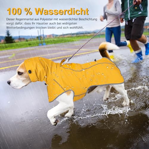 Sugiifamy Regenmantel Hund, Wasserdichter Hunderegenmantel, Einstellbare Regenjacke Hund mit Klettverschluss und Sicheren Reflektierenden Streifen für Kleine Mittelgroße Groß Hunde (Gelb, L)