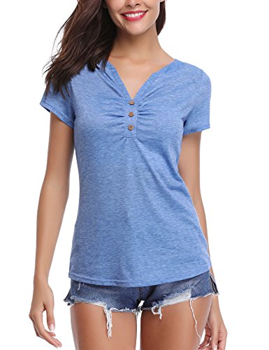 Abollria Damen T-Shirt Kurzarm V Ausschnitt Sommershirt mit Knopf Stretch Oberteil Weiches Dekolleté Top