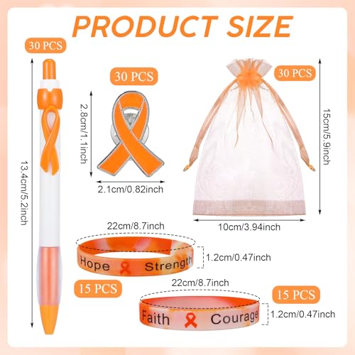 Image of Qilery 120 Pcs Leukemia Awareness Items Gifts Set - Orange Ribbon Lapel Pins, Kidney Cancer Multiple Sclerosis Awareness Bracelets, Hope Strength Retractable Pens, Organza Bag Bulk for Event Charity