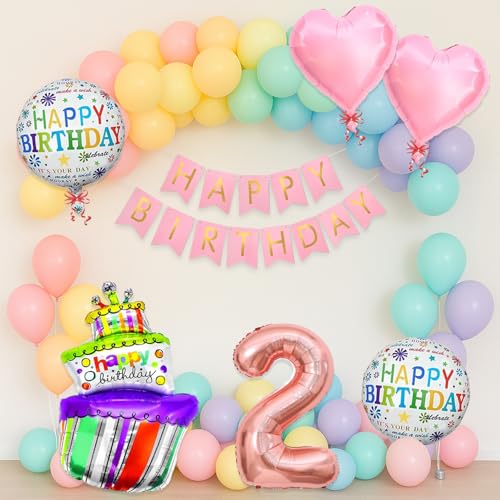 Image of Rozi Decoration 2nd Birthday Decoration Kit - 47 Pcs Pink Theme with Number 2 Balloon, Happy Birthday Banner & Cake Foil Balloon for Baby Boy & Girl Second Bday