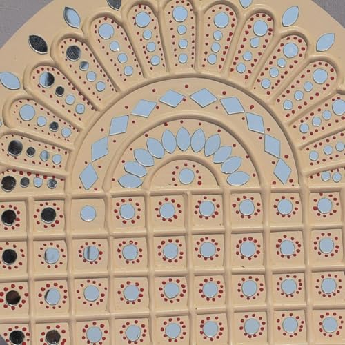 Image of Ethnics of Kutch Traditional Kutch Handicraft Mud-Mirrorwork Lippan Kam Wall Art (Water and Break Resistant) - Round (12 Inch Diameter) - (Cream LKT-0274)