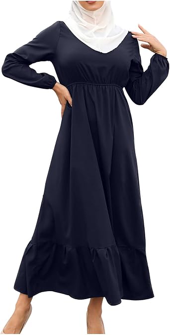 Lmdudan Muslim Dress Womens Islamic Maxi Dresses Casual Abaya Prayer Clothes Solid Long Sleeve Dubai Jilbab Middle East Robe