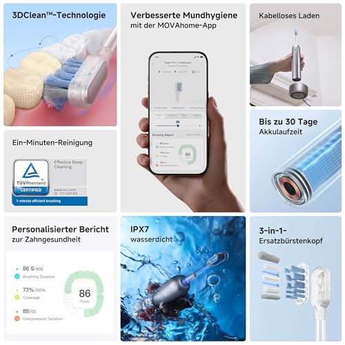 MOVA Fresh Pro 3DClean™ Elektrische Zahnbürste mit App, Schallzahnbürste für Erwachsene, 2 Bürstenköpfe und Reiseetui, 3-in-1-Ersatzbürstenkopf mit Halter, 30 Tage Akkulaufzeit, Silber – Bild 3