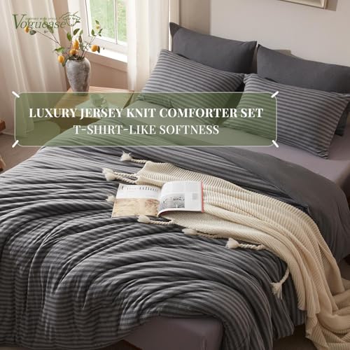 Image of Queen Comforter Set, Comforters Queen Size Luxury Ultra-Soft Jersey Knit Bedding Sets, Strip /Dark Gray Lightweight Down Alternative Bed Comforte Queen for All Season, 3 Piece Bedding Setrey