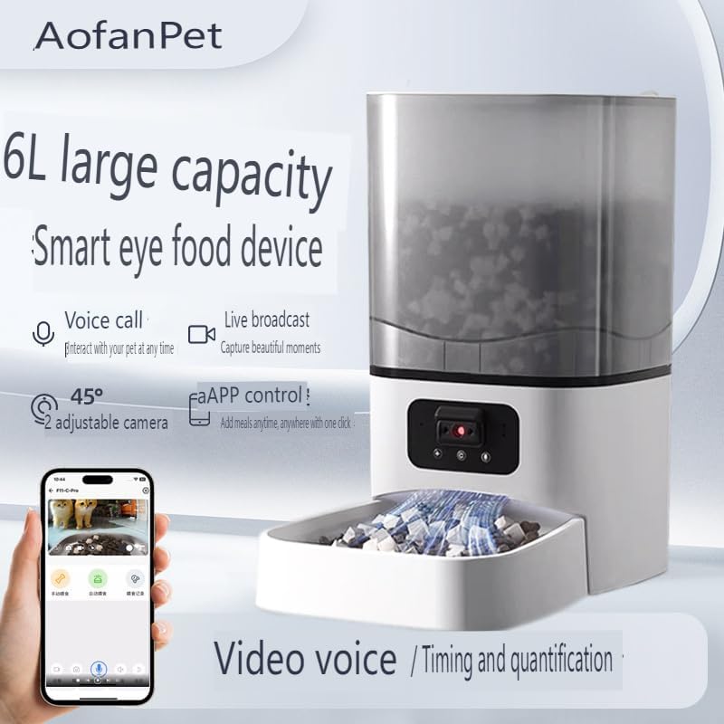 AofanPet Smart Pet Feeder, 6L Capacity, WiFi Camera with App Control, Automatic Food Dispenser with Voice and Video, 1-10 Meals per Day