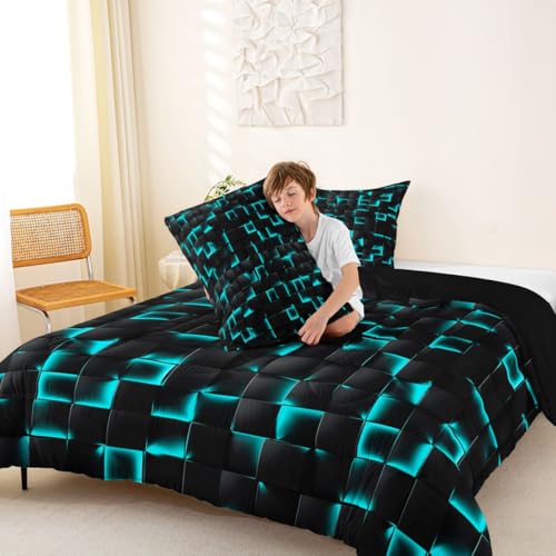 Image of Erosebridal Neon Black Teal Boys Comforter Set Full Geometric Checkered Turquoise Bedding Set for Kids Teen Men Gaming Room Decor,Abstract Ombre Plaid Comforter Grids Quilt Duvet