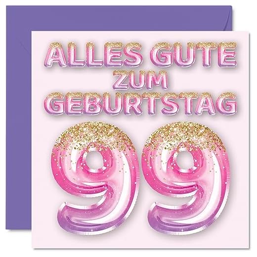 99. Tarjeta de cumpleaños para mujer, globos con purpurina rosa y morada, tarjetas de felicitación de cumpleaños para 99 años, esposa, mamá, bisabuela, abuela, 145 mm, noventa y noventa noveno novene,