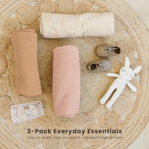 Image of Konssy 3 Pack Muslin Swaddle Blankets for Unisex, Newborn Receiving Blanket, Large 47 x 47 inches, Soft Breathable Muslin Baby Swaddles for Boys & Girls