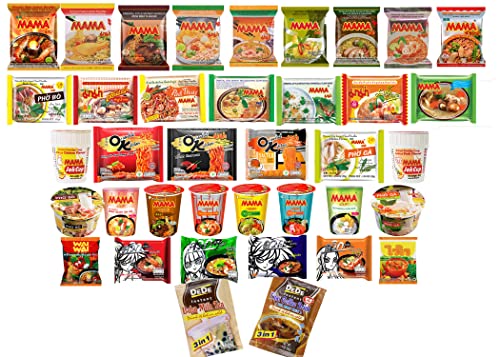 Thai Ramen Noodles Variety Pack with Mama Soup and Wai Wai Quick Instant Noodle and Thai Coffee or Boba Bubble Tea, Pack of 10