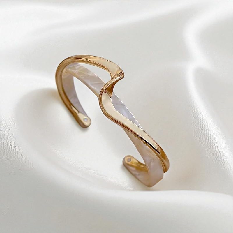 Modern Wave Design Cuff Bracelet, Gold-Tone Acrylic Bangle, 2.5 inch, C-Shaped Opening White/Pink Acrylic Bracelets Board Bend Metal Bangles - Image 2