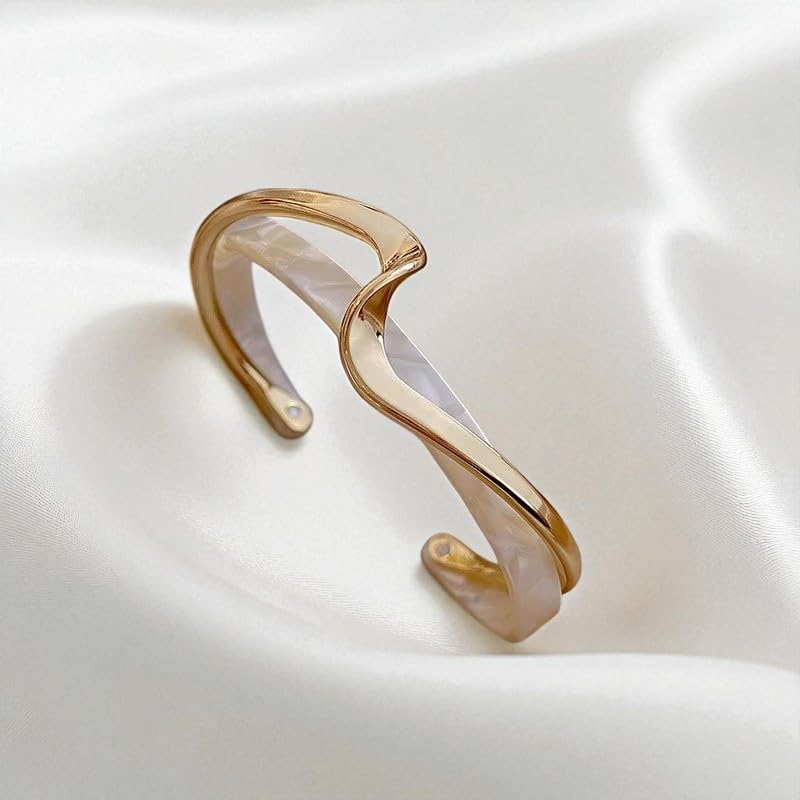 Modern Wave Design Cuff Bracelet, Gold-Tone Acrylic Bangle, 2.5 inch, C-Shaped Opening White/Pink Acrylic Bracelets Board Bend Metal Bangles2