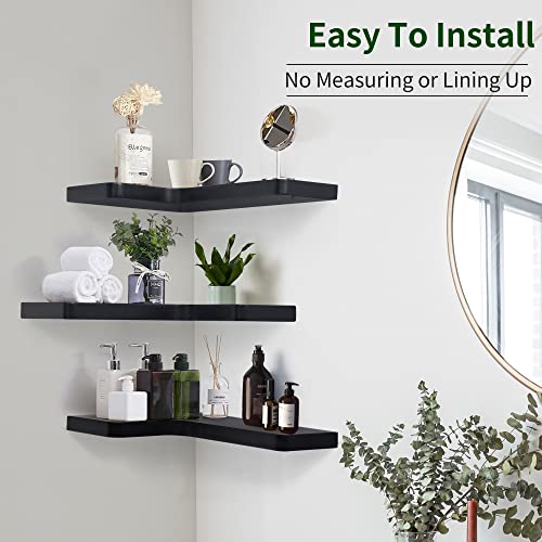 Fuqing Corner Floating Shelves, Wall Shelf Set Of 3, Shelves For Wall Storage, Solid Wood Shelves For Storage, Wall Mount Wooden Display Shelf For Bathroom Bedroom Kitchen Garage, Black #TOP5