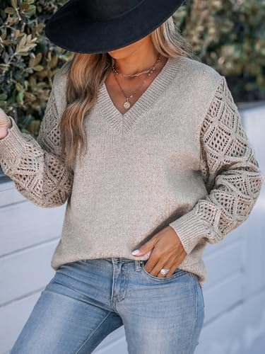 CUPSHE Womens Sweaters V Neck Long Sleeve Lightweight Soft Crochet Casual Pullover Sweater Tops3