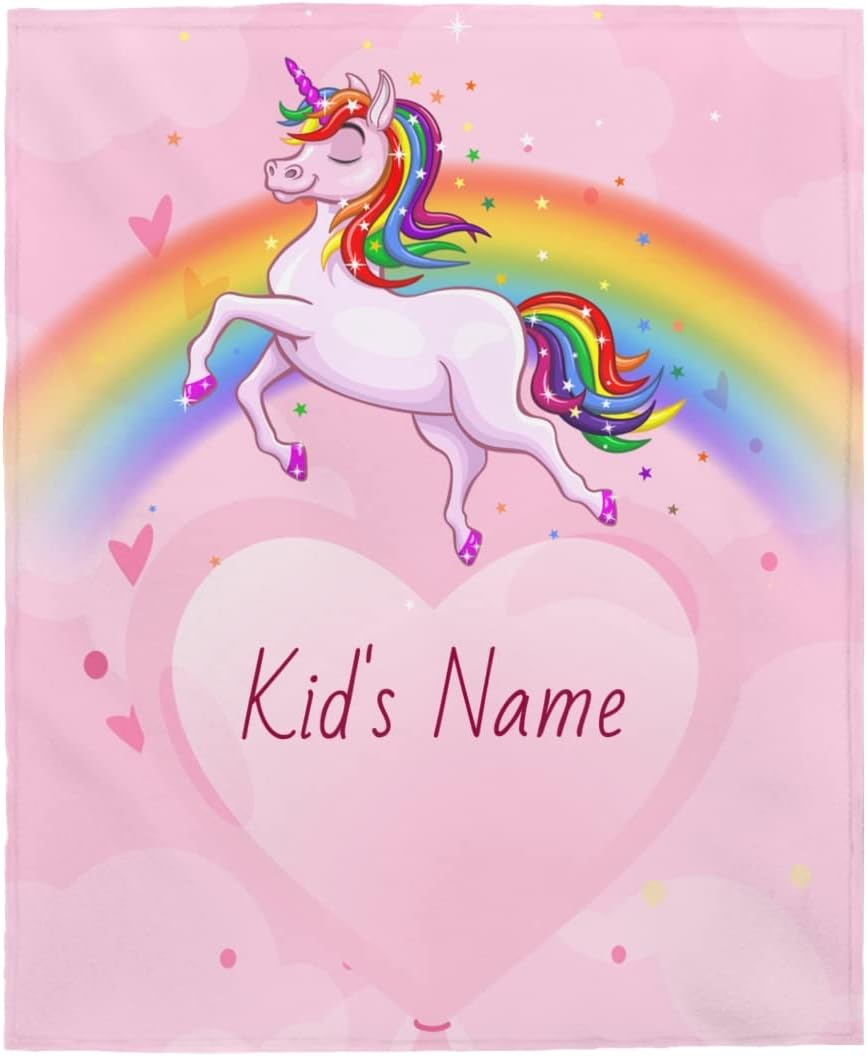 Personalized Kids Unicorn Blanket, Velveteen Plush Blanket, Ultra Soft and Comfortable Blanket, Ideal for Calming and Sleeping, Light Pink Color, 50Wx60L