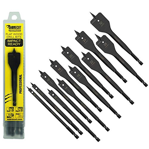 12 x SabreCut SCRIWK12 mèches plates à bois résistantes aux chocs 6 mm 8 mm 10 mm 12 mm 14 mm 16 mm 18 mm 20 mm 22 mm 24 mm 28 mm 32 mm x 152 mm pour Bosch Dewalt Makita Milwaukee et bien d'autres