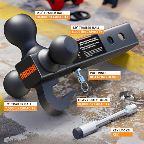 Image of ORCISH 360 Swivel Trailer Hitch, Tri-Ball Mount with Heavy Duty Hook & Anti-Theft Lock, Matte Black Plated Trailer Ball Size 1-7 /8 inch, 2 inch and 2-5 /16 inch, Fit 2 Inch Hitch Receiver, Rotating Tow Hitch