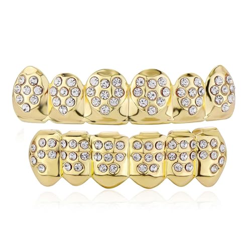 JINAO Gold Grillz 14K Gold Plated Iced Out Mouth Teeth Grillz Top Bottom Tooth Caps Hip Hop Bling Gold shiny Grills for Your Teeth for Men Women Costume Jewelry (Love Heart)