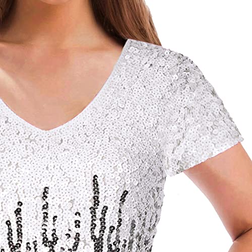 Image of MANER Women's Sequin Glitter Short Sleeve Dress Sexy V Neck Mini Party Club Bodycon Dresses