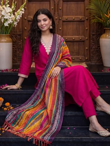 Image of INDO ERA Women's Silk Blend Embroidered Sequinned Kurta & Pant with Dupatta Set