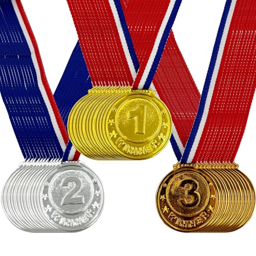 Flyekist 36 Pieces Plastic Winner Award Medals for Kids Childrens Plastic Gold Silver Bronze Medals for Sports Games Competitions Party Favors and Decorations