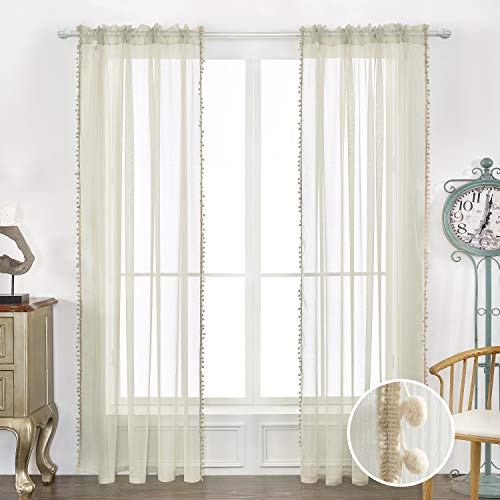 Miss Selectex Linen Look Pom Pom Tasseled Sheer Curtains - Rod Pocket Voile Semi-Sheer Curtains For Living And Bedroom, Set Of 2 Curtain Panels (52 X 84 Inch, Nature) #TOP1