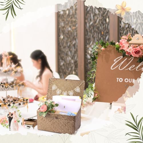 Image of Geelin Sea Grass Wedding Card Basket With Letter Flag Decorative Wedding Card Woven Post Box Suitable For Baby Showers Birthdays Graduation Ceremonies Bridal Showers(14 Inch,Coffee)