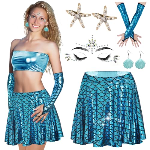 FORMIZON Disfraz de Sirena Mujer, Falda Sirena Brillante Accesorios Cosplay para Fiesta Temática Carnavial Baile, con Gemas Facial, Clips Pelo, Guantes de Escamas y Pendientes de Concha, Azul (L)